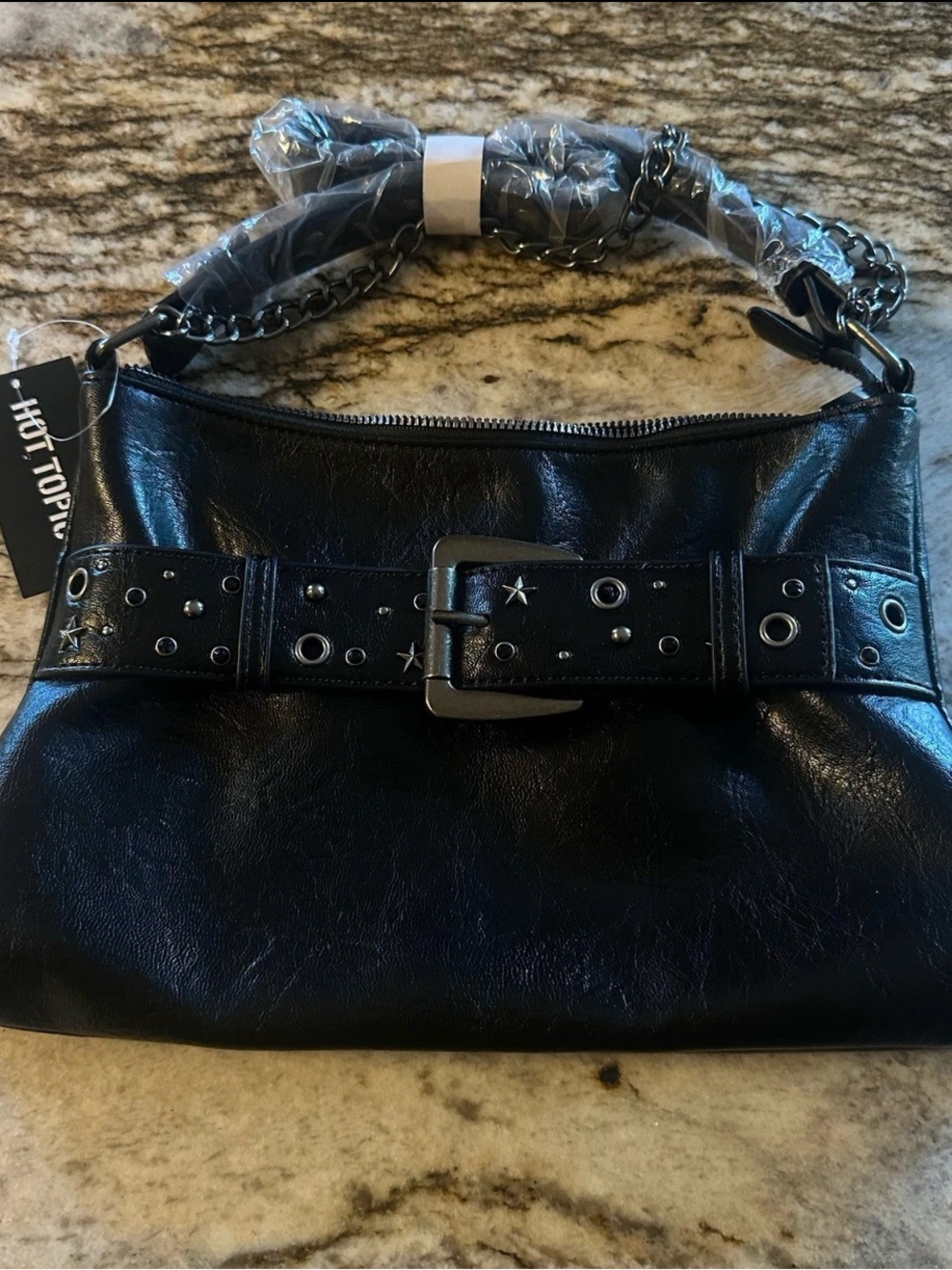Hot Topic Black Studded Belt-Detail Shoulder Bag with Chain Strap